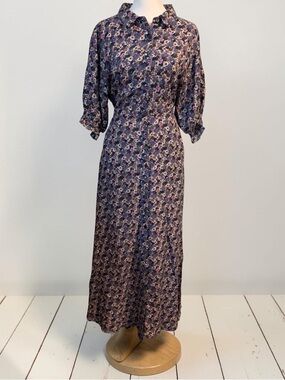 Natural Life Ditsy Floral Button Front Maxi Dress Medium Navy Boho 90s Hippie
